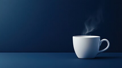 Obraz premium A clean white coffee cup with steam rising, sitting on a navy blue table, offering a contrast of warmth against the deep blue tones.