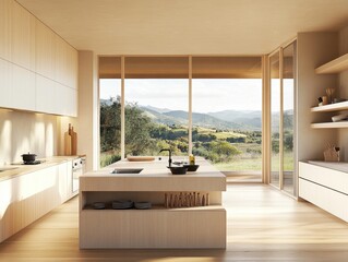 Fototapeta premium A kitchen with a large island and a window overlooking a field. The island has a sink and a few bowls on it