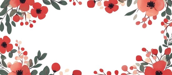 Round frame design featuring blooming flowers with a decorative border of red blossoms and leaves isolated on a white background in a flat illustration style