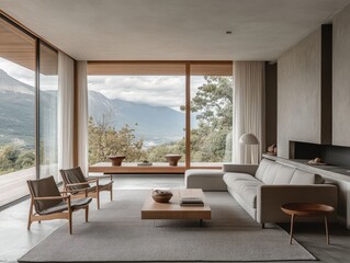 Fototapeta premium A living room with a couch, two chairs, and a coffee table. The couch is on the right side of the room