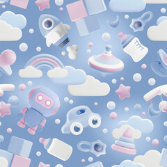 Seamless illustration with 3D vector toys on a blue background.