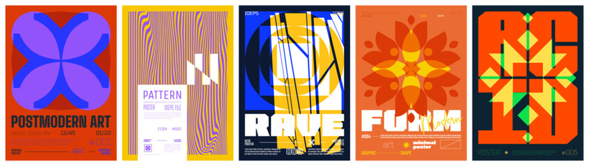 Set modernism art colorful trendy poster, artwork minimalistic and  brutalism style, abstract geometric A4 rave postmodern composition, vector simple shapes print graphic in Y2K aesthetics, set 14