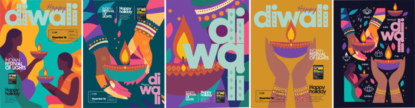 Happy Diwali. Indian festival of lights. Vector abstract illustrations of India, Indian woman, hands with candle and flower, objects, fire for greeting card, poster, postcard, invitation or background