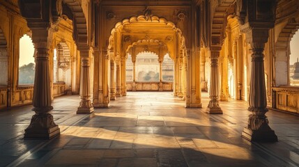 Obraz premium Stunning ancient Indian palace, romantic wind flowing through the halls, showcasing its architectural beauty and historical grandeur