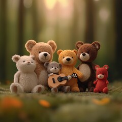 Obraz premium A charming group of plush bears, one holding a guitar, set in a serene forest background.