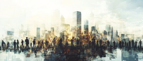 image captures vibrant cityscape with abstract forms representing overpopulation, evoking sense of urgency and reflection
