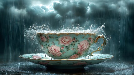 A porcelain teacup and saucer with floral designs sits on a wooden table, being filled with water from a heavy rainstorm.