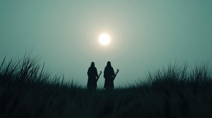 Fototapeta premium Two silhouetted figures stand in a field under a glowing sun, creating a serene and mystical atmosphere in a dimly lit landscape.
