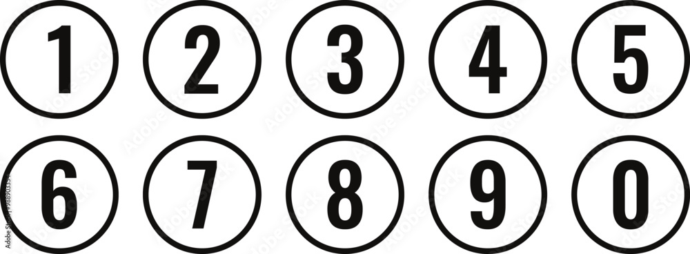 Aufkleber simple outline bullet point icon set of 0-9. number in dark round circle vector illustration.