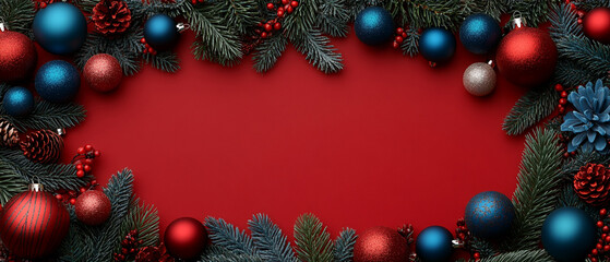 Vibrant Christmas wreath with colorful ornaments on a red background, perfect for holiday invitations and festive decorations.
