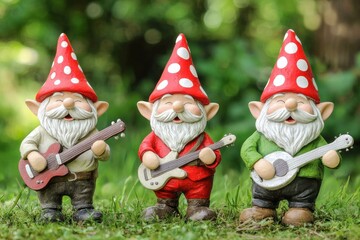 Obraz premium Three cheerful gnomes in colorful outfits and polka-dot hats play musical instruments in a vibrant garden setting.