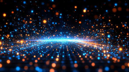Obraz premium Vibrant digital landscape with glowing particles, showcasing a futuristic and mesmerizing visual effect against a dark background.