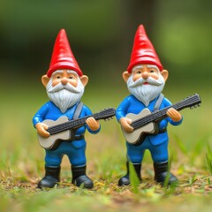Obraz premium Two cheerful garden gnomes with red hats play guitars in a green outdoor setting, capturing a whimsical and joyful atmosphere.
