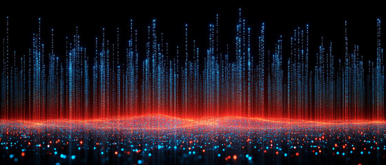 Obraz premium Vibrant digital sound waves with blue and red tones, representing audio frequencies in a visually stunning manner.