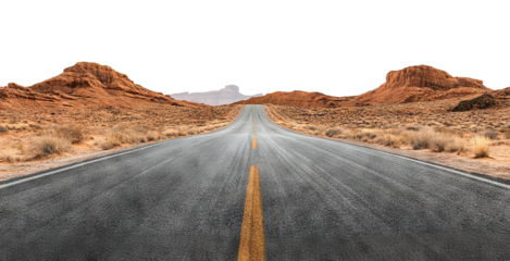 Empty straight asphalt road through desert landscape, isolated on transparent cutout background