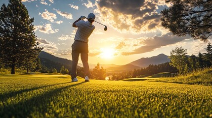A golfer swings a club on a green golf course at sunset.