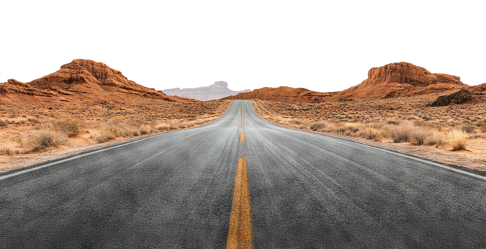 Empty straight asphalt road through desert landscape, isolated on transparent cutout background