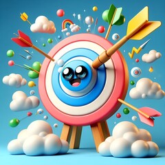 a cartoon target with arrows and clouds

