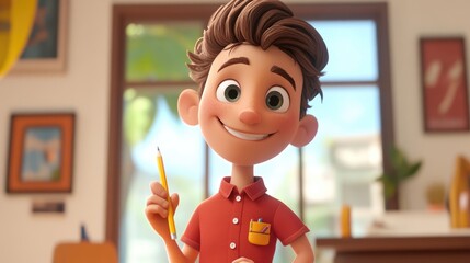 Cartoon male character wearing a red shirt and holding a pencil