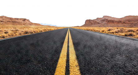 Empty straight asphalt road through desert landscape, isolated on transparent cutout background