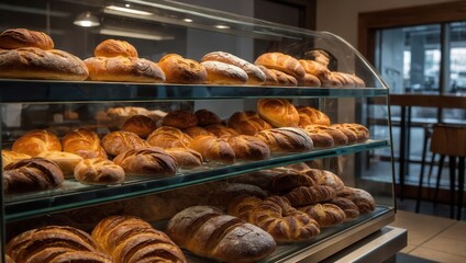 A bakery display case with a variety of breads, including rolls and baguettes