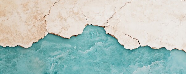 Fototapeta premium Aerial view of cracked earth and turquoise water, showcasing natural textures.
