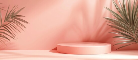 Vibrant neon salmon pink 3D rendered minimal flat lay background featuring a podium stand and palm leaf shadow ideal for showcasing nature related products