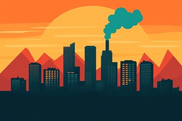 Fototapeta premium City skyline with mountains and sunset background, vibrant colors.