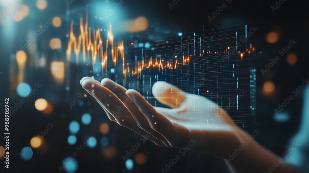 Poster a person interacts with vibrant data visuals emanating from their open hand in a futuristic setting 