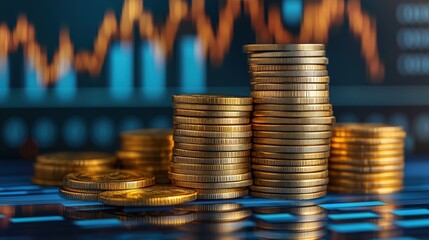 Stacks of Golden Coins on a Business Background