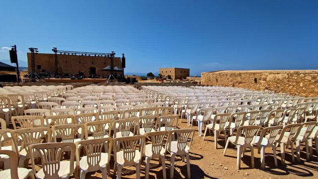 Monoblock Chairs Arrange During An Outdoor Concert Near Rethymno, Crete, Greece. Aerial Panning Shot