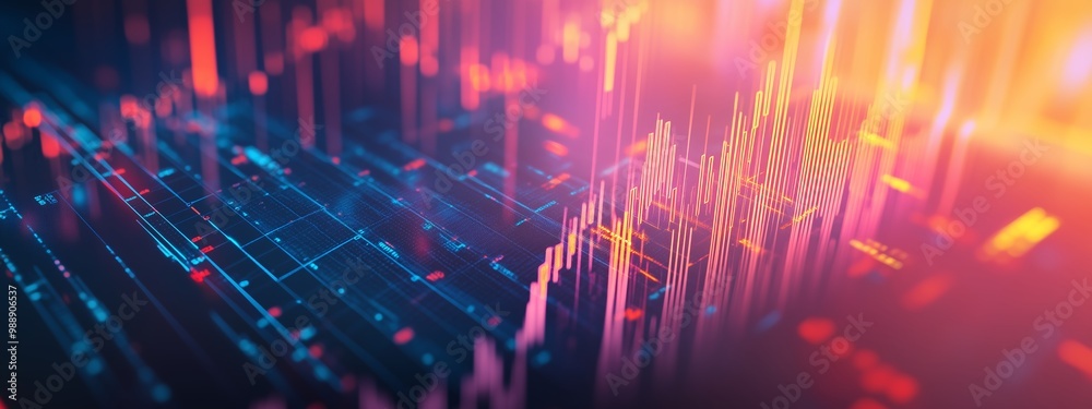 Poster abstract digital data visualization with vibrant colors showing fluctuations and patterns in a conte