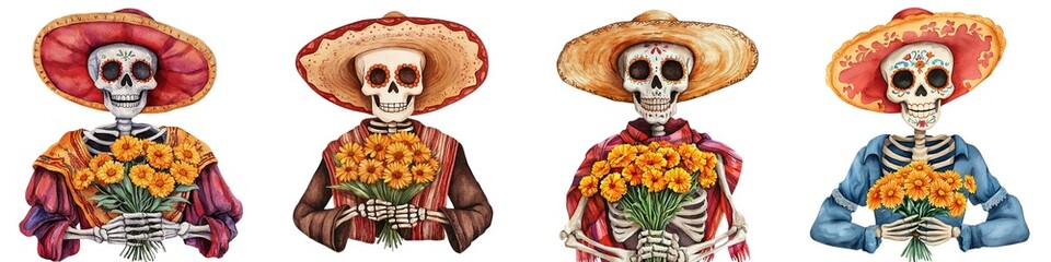 Colorful skeleton characters with flowers, traditional attire, white isolate background
