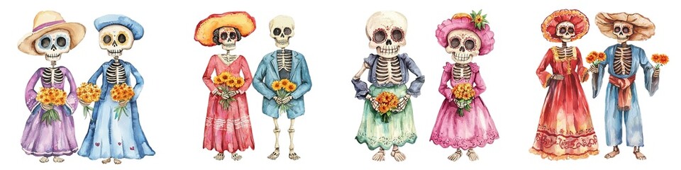Obraz premium Colorful skeletons in traditional attire celebrating Day of the Dead.