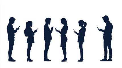 Obraz premium Silhouette of diverse people using smartphones in a standing line