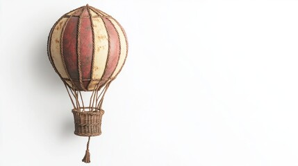 Obraz premium Detailed hot air balloon basket and ropes, with balloon floating above, against white.
