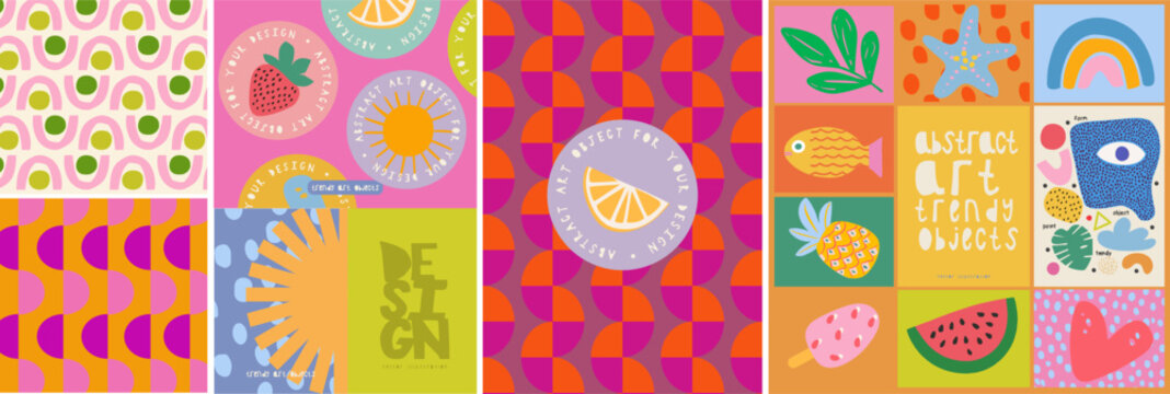 Abstract art objects for design. Vector illustrations of modern trendy children's cute icons, pattern, stickers, geometric shapes, rainbow, lemon, ice cream, watermelon, fish, leaf, pineapple