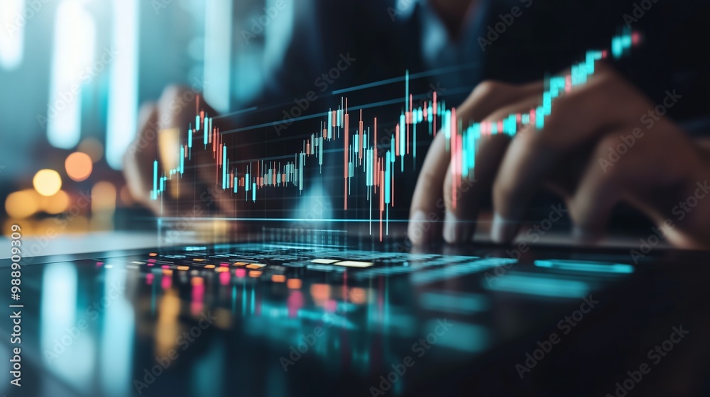 Poster analyzing financial data with a modern interface and data visualization during a business meeting in
