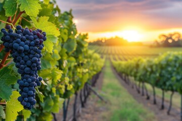 Fototapeta premium Sunset over vineyard ripe grapes in rows outdoors nature sunset.