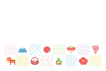 年賀状のデザイン、手描きの和柄とかわいい縁起物のベクターイラスト02