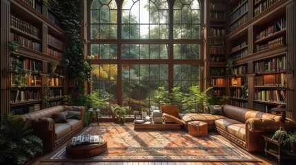 Cozy Library With Large Window and Sunlight Streaks
