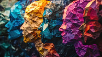 A series of overlapping human profiles in crumpled paper textures, each profile distinguished by unique cultural patterns and vibrant colors. The background features