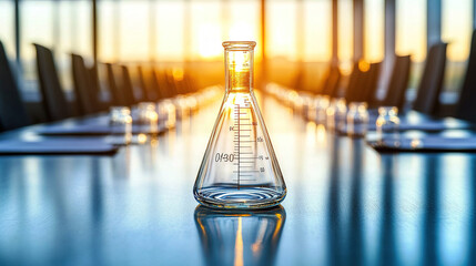 Science laboratory glass flask symbolizing innovation and research placed on a table in a business meeting room, with a blurred background of a conference hall and sunlight streaming in.