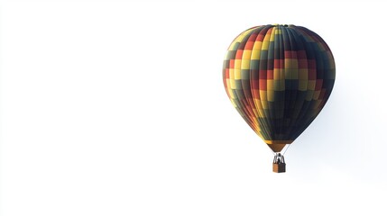 Obraz premium Hot air balloon with geometric patterns, isolated mid-flight on a clean white background.