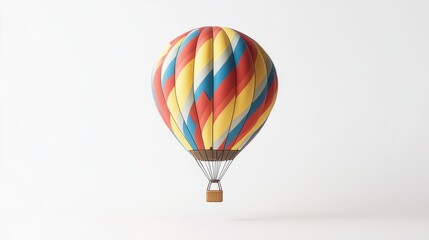 Fototapeta premium Hot air balloon with geometric patterns, isolated mid-flight on a clean white background.