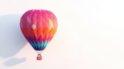 Fototapeta premium Hot air balloon with sharp geometric patterns, floating on a pristine white background.