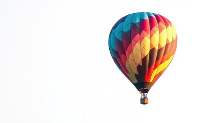 Fototapeta premium Hot air balloon with sharp geometric patterns, floating on a pristine white background.