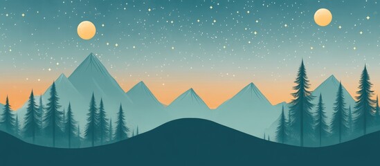 Illustration of a flat landscape featuring trees mountains a moon and stars
