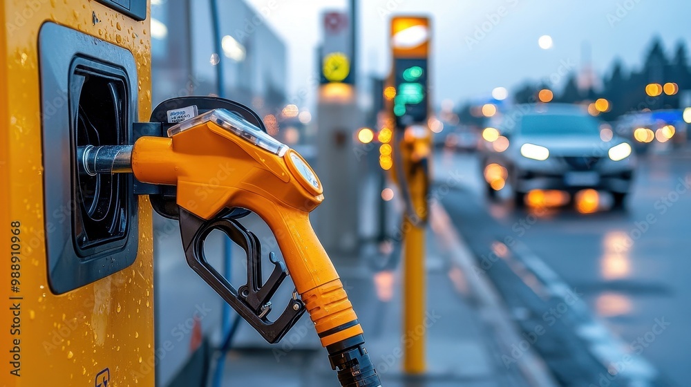 Wall mural modern lpg fueling station with electric vehicle in background