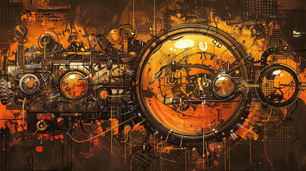 Fototapeta premium engine of the car, generative, ai, steampunk, retro, vintage, background, products, machine, mechanical, tractor, farm, agriculture, blue, machinery, gold, red, orange, yellow